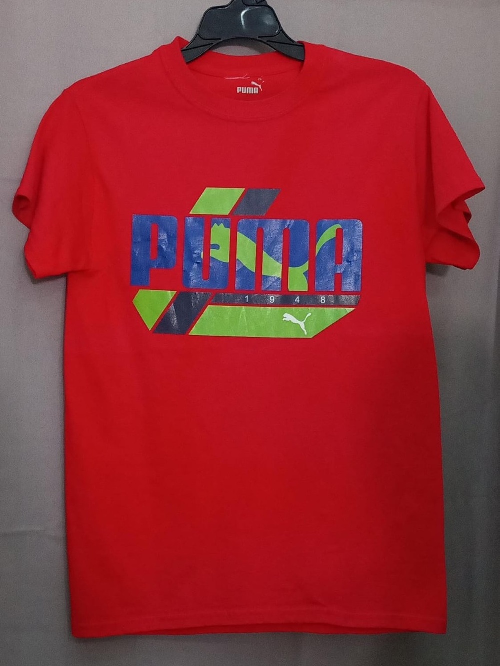 Puma Red Short Sleeve Tee with Blue and Green Graphic